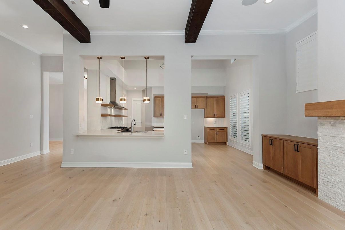 Interior, Kitchen, Pendant Lights, Recessed Lighting, Stainless Steel Appliances, Wooden Beams, Wood Texture Flooring