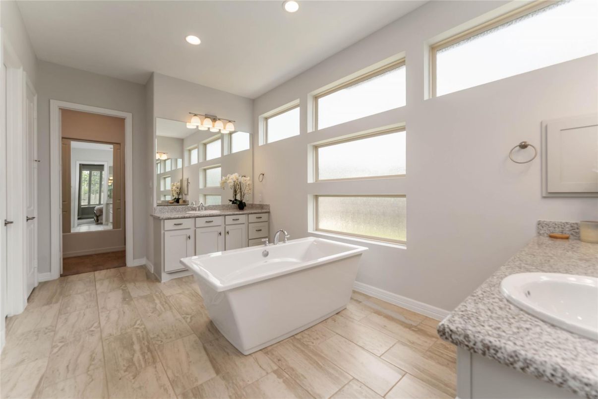 Bathroom, Dual Sink Vanities, Free Standing Baths, Interior, Recessed Lighting, Wood Texture Flooring