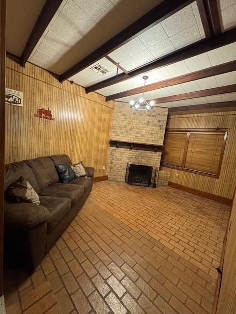 Chandelier, Fireplace, Interior, Living room, Stone Walls, Wood Texture Flooring, Wooden Walls