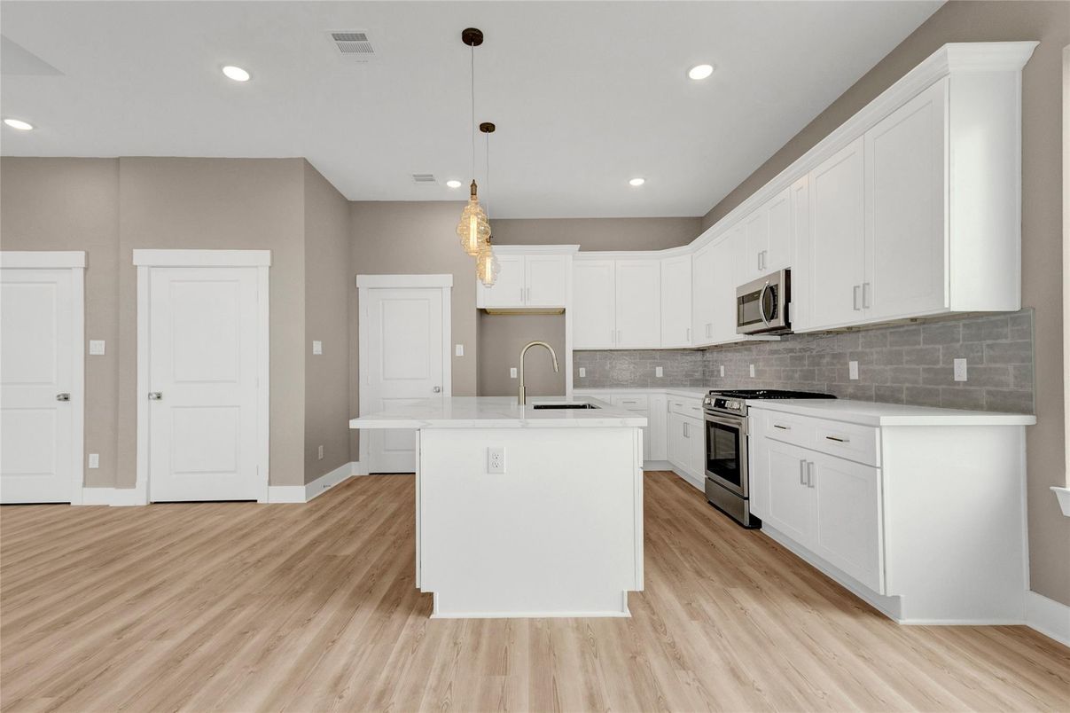 Interior, Kitchen, Pendant Lights, Recessed Lighting, Stainless Steel Appliances, Wood Texture Flooring