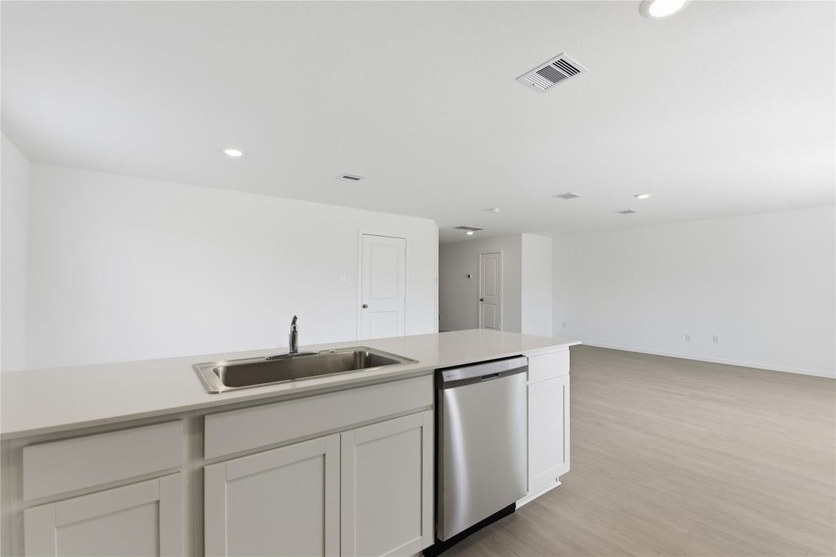 Empty room, Interior, Kitchen, Recessed Lighting, Wood Texture Flooring