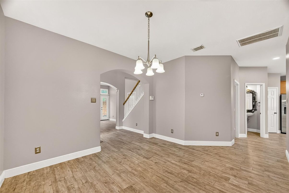 Chandelier, Empty room, Interior, Pendant Lights, Recessed Lighting, Wood Texture Flooring