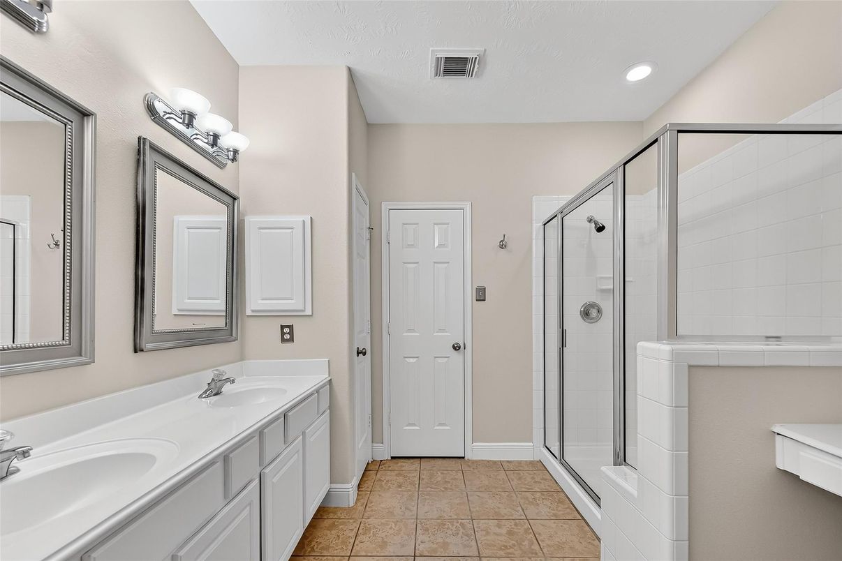 Bathroom, Dual Sink Vanities, Glass Shower, Interior, Recessed Lighting