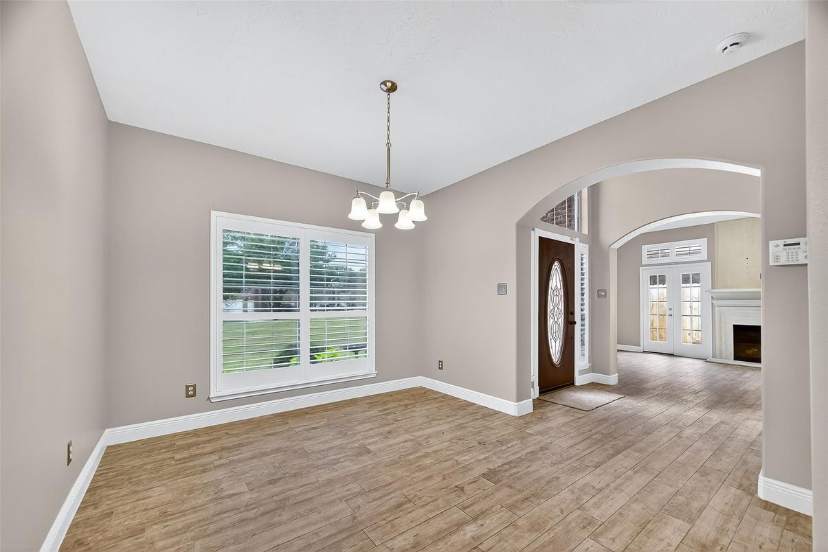 Empty room, Fireplace, Interior, Pendant Lights, Wood Texture Flooring