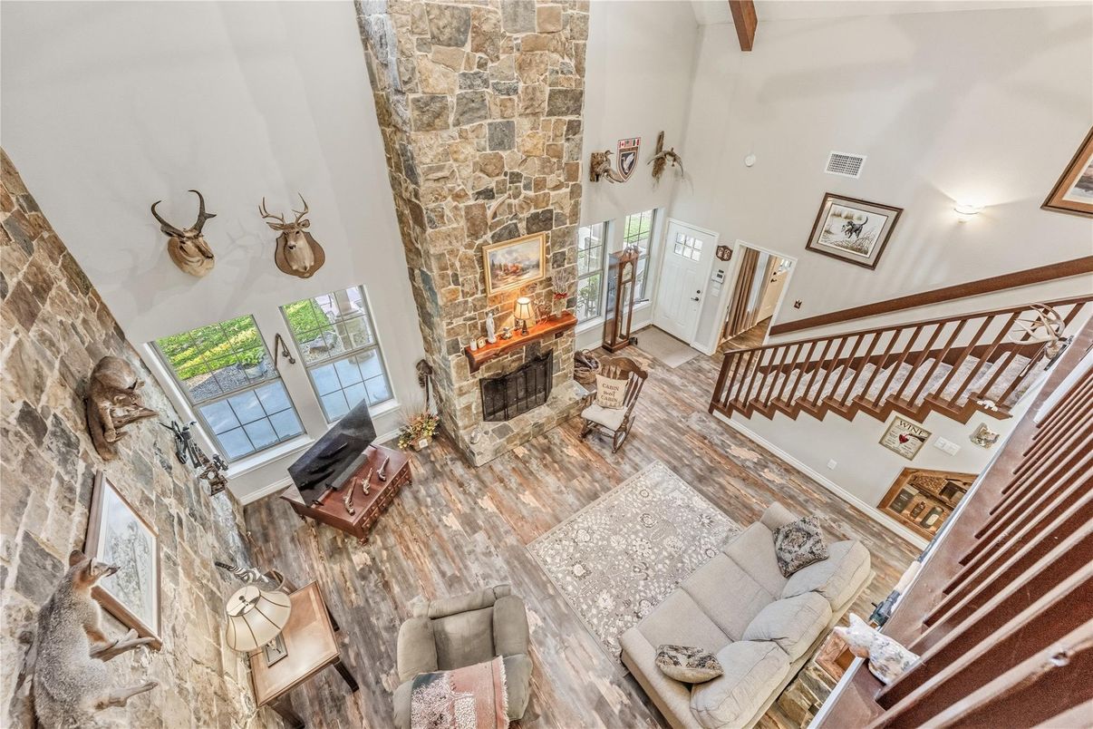 Fireplace, Interior, Living room, Stone Walls, Wood Texture Flooring