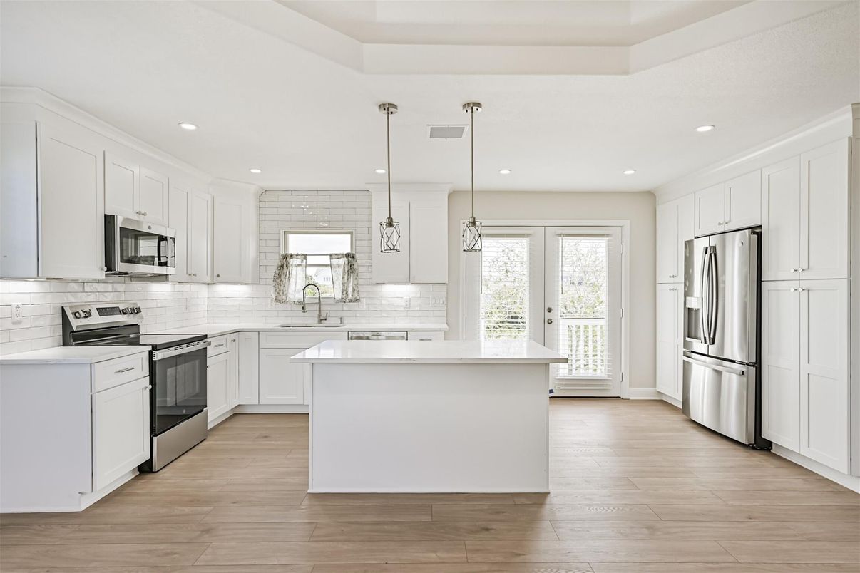 Interior, Kitchen, Pendant Lights, Recessed Lighting, Stainless Steel Appliances, Wood Texture Flooring