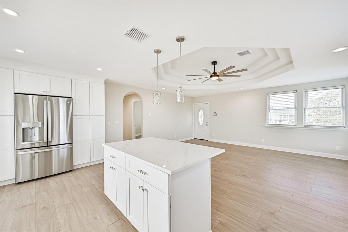 Interior, Kitchen, Pendant Lights, Recessed Lighting, Stainless Steel Appliances, Wood Texture Flooring
