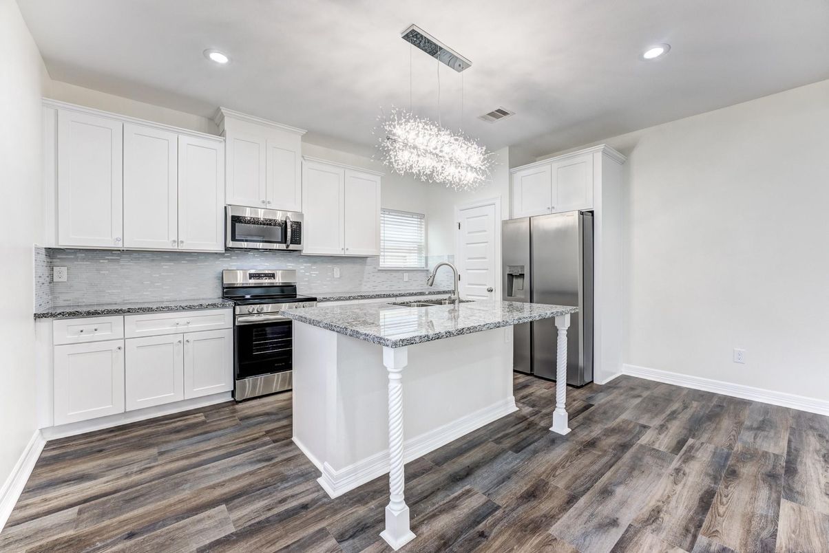Chandelier, Interior, Kitchen, Recessed Lighting, Stainless Steel Appliances, Wood Texture Flooring