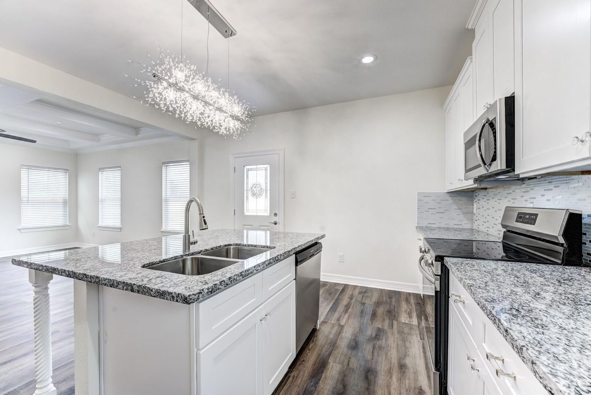 Chandelier, Interior, Kitchen, Recessed Lighting, Wood Texture Flooring