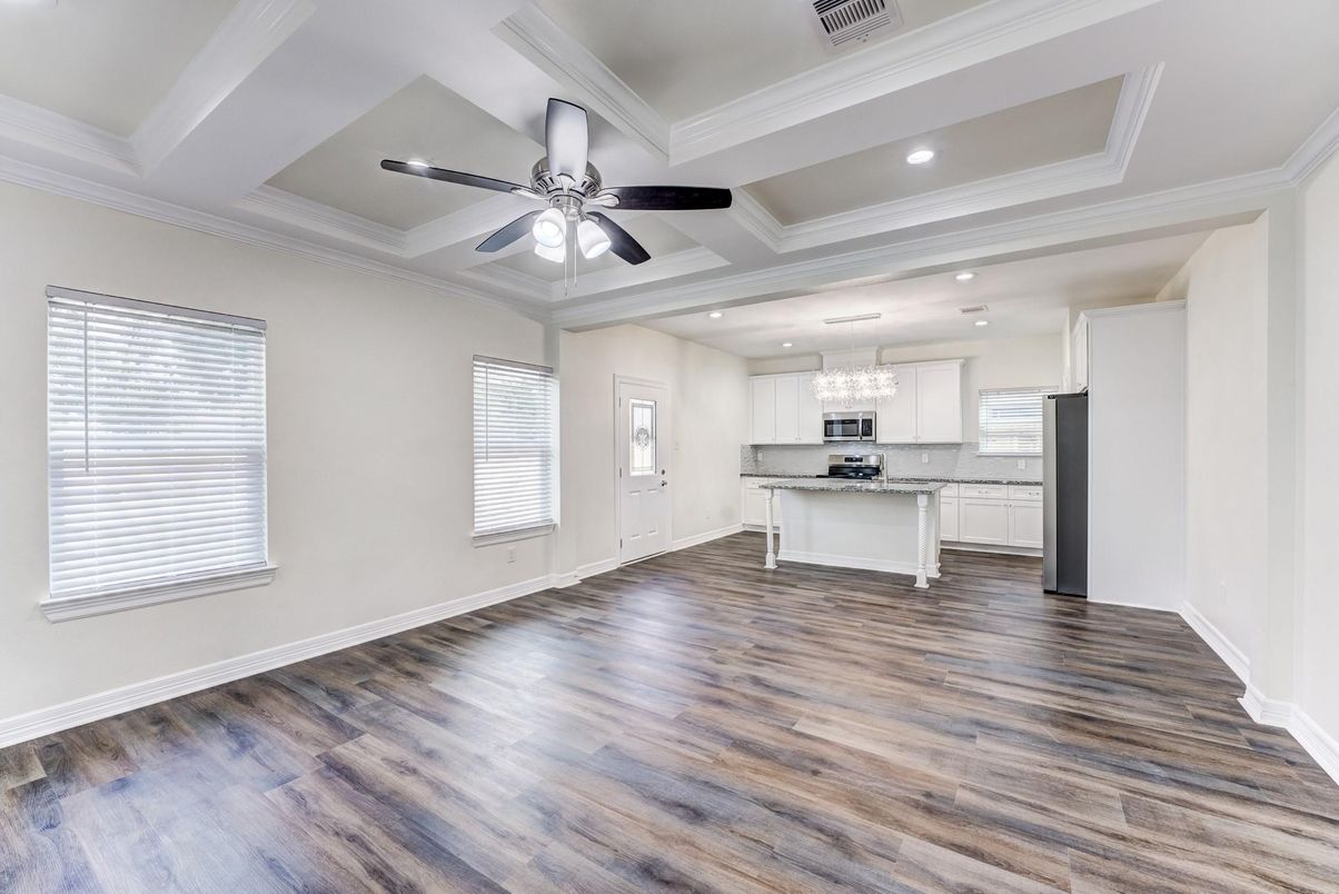Chandelier, Interior, Kitchen, Recessed Lighting, Wood Texture Flooring