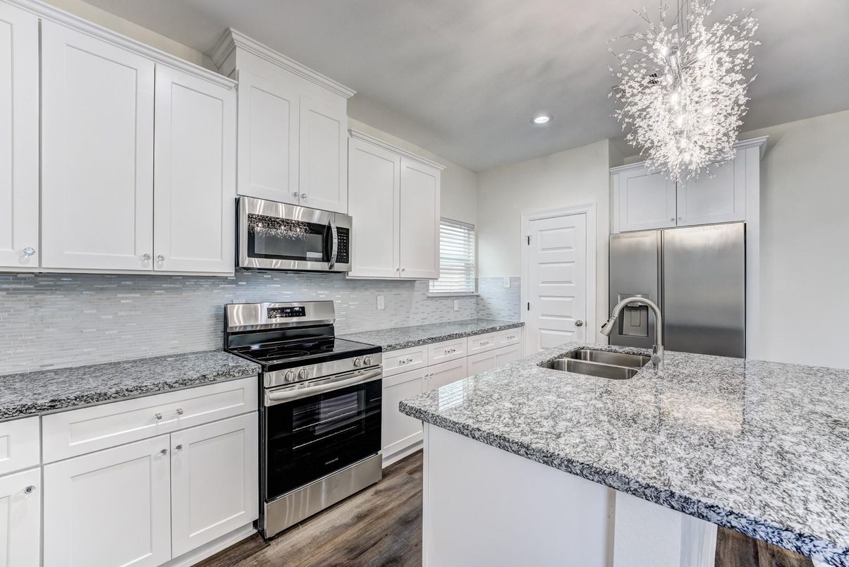 Chandelier, Interior, Kitchen, Recessed Lighting, Stainless Steel Appliances, Wood Texture Flooring