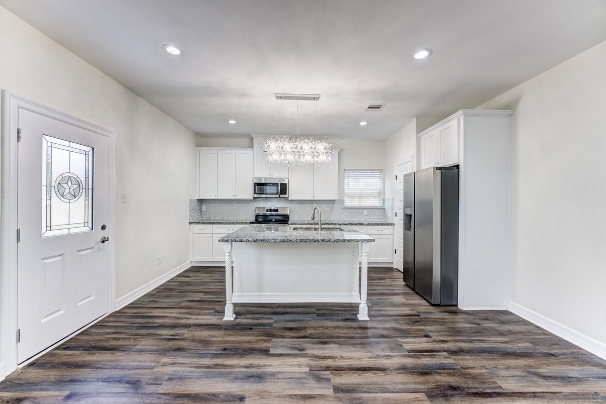 Chandelier, Interior, Kitchen, Recessed Lighting, Stainless Steel Appliances, Wood Texture Flooring