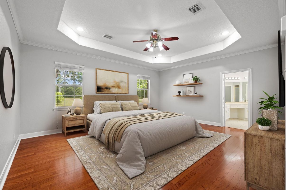 Bedroom, Interior, Recessed Lighting, Wood Texture Flooring