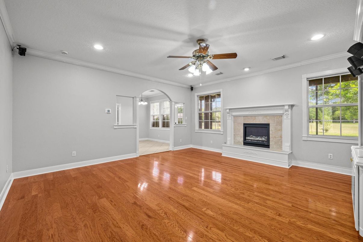 Empty room, Fireplace, Interior, Recessed Lighting, Wood Texture Flooring