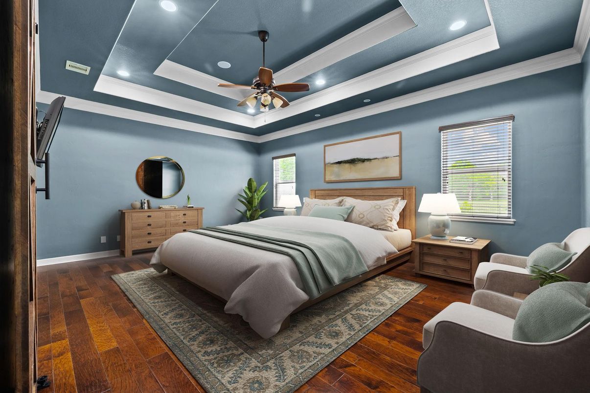 Bedroom, Interior, Recessed Lighting, Wood Texture Flooring