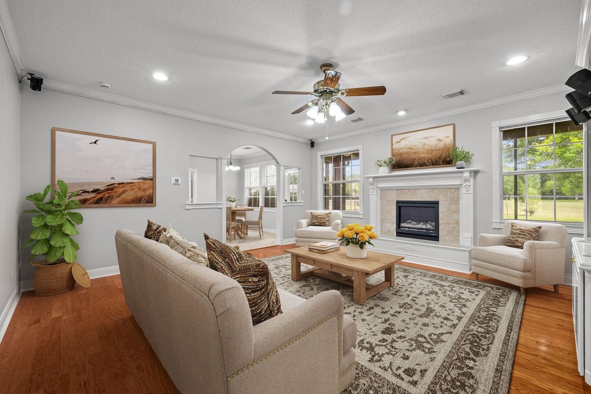 Dining room, Fireplace, Interior, Living room, Recessed Lighting, Wood Texture Flooring