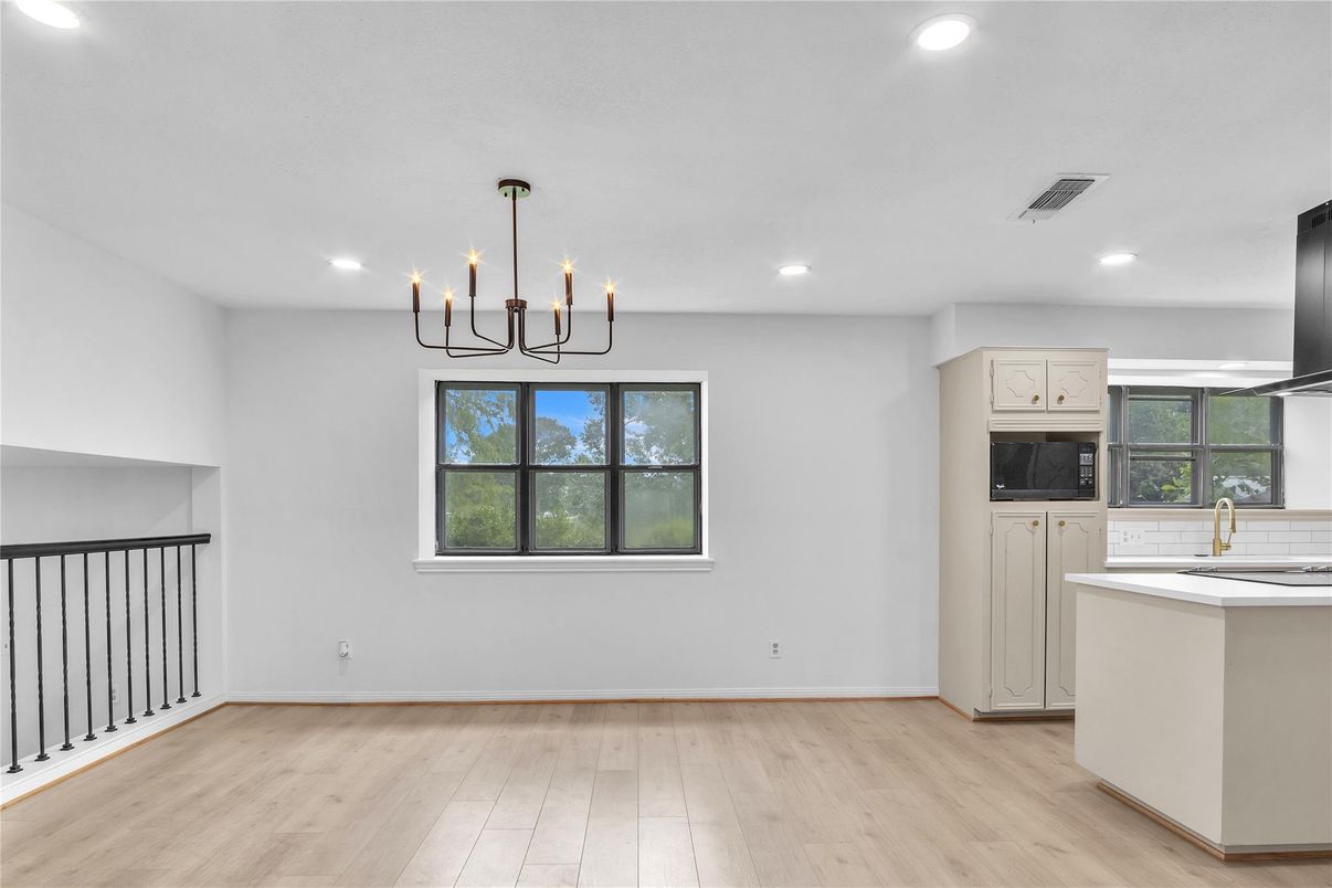 Chandelier, Interior, Kitchen, Recessed Lighting, Wood Texture Flooring