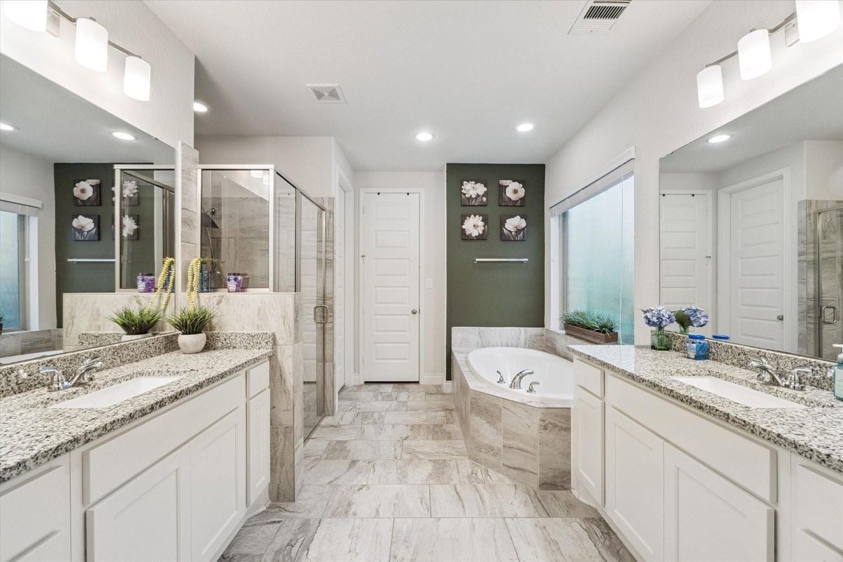 Bathroom, Dual Sink Vanities, Glass Shower, Interior, Marble, Recessed Lighting