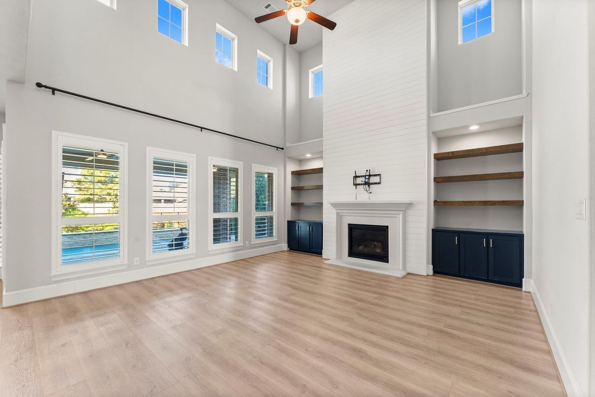 Fireplace, Interior, Recessed Lighting, Wood Texture Flooring