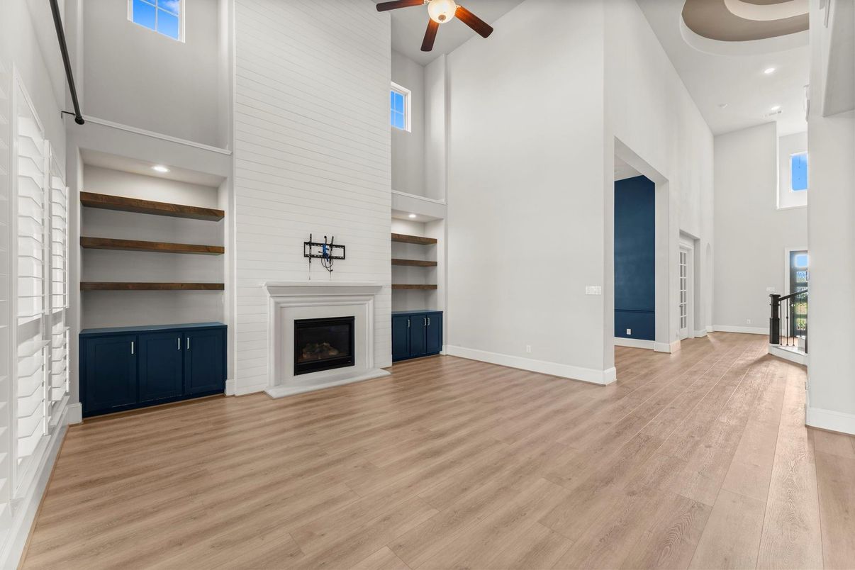 Fireplace, Interior, Recessed Lighting, Wood Texture Flooring