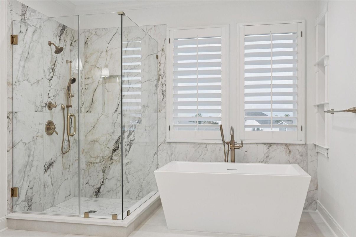 Bathroom, Free Standing Baths, Glass Shower, Interior, Marble Walls