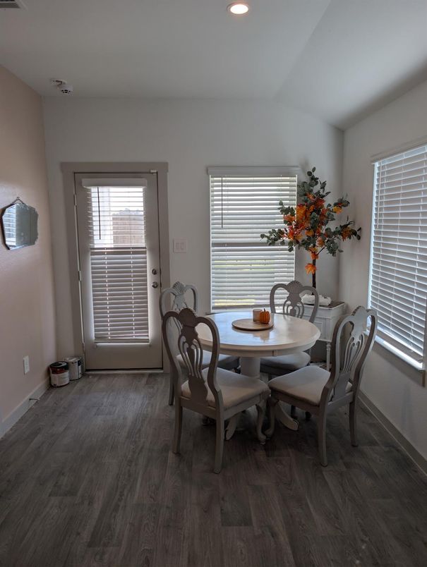 Dining room, Interior, Recessed Lighting, Wood Texture Flooring