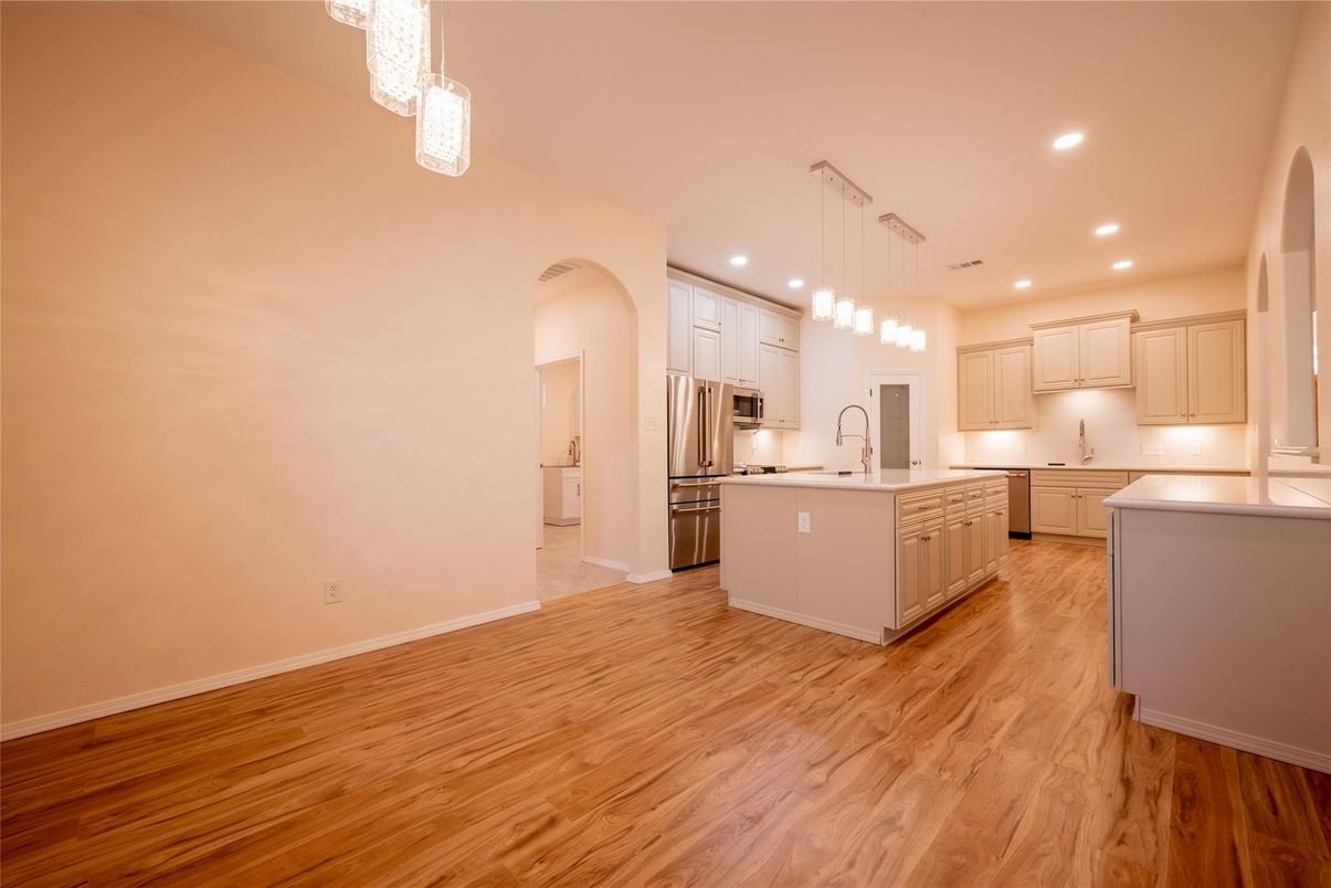 Interior, Kitchen, Pendant Lights, Recessed Lighting, Stainless Steel Appliances, Wood Texture Flooring