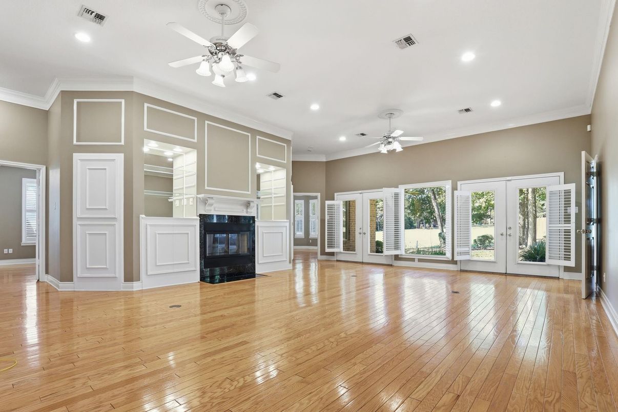 Empty room, Fireplace, Interior, Recessed Lighting, Wood Texture Flooring