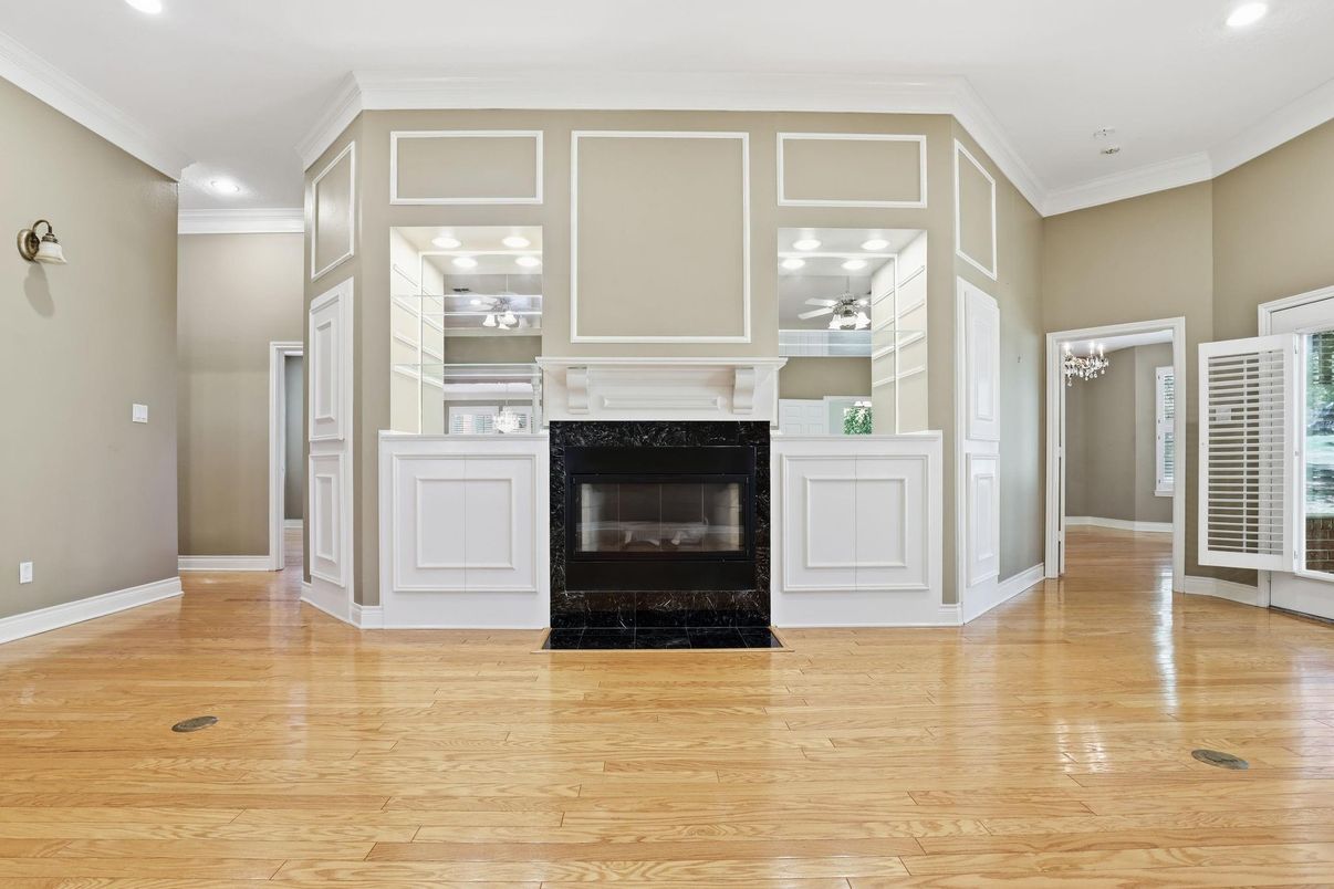 Fireplace, Interior, Recessed Lighting, Wood Texture Flooring