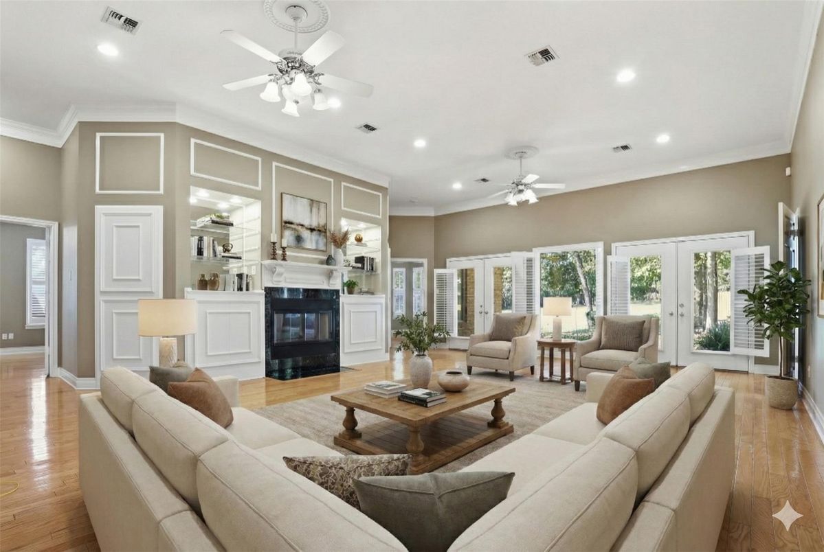 Fireplace, Interior, Living room, Recessed Lighting, Wood Texture Flooring