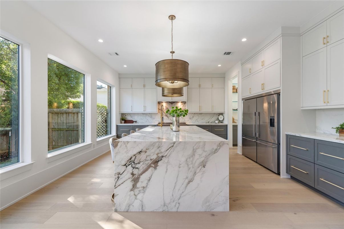 Interior, Kitchen, Pendant Lights, Recessed Lighting, Stainless Steel Appliances, Wood Texture Flooring