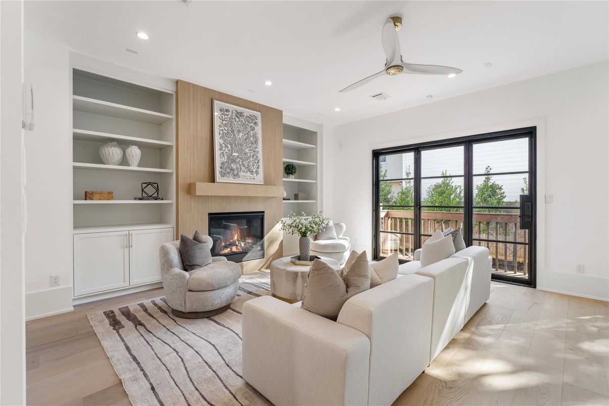 Fireplace, Interior, Living room, Recessed Lighting, Wood Texture Flooring