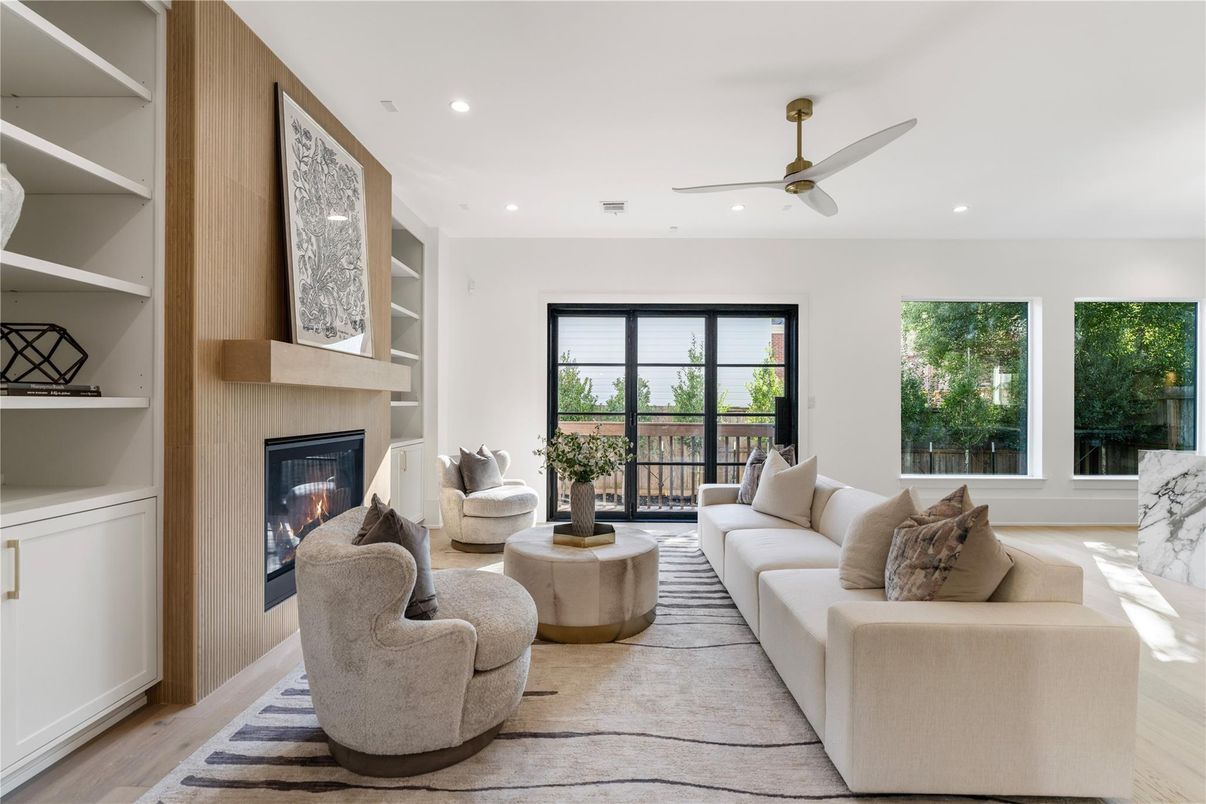 Fireplace, Interior, Living room, Recessed Lighting, Wood Texture Flooring