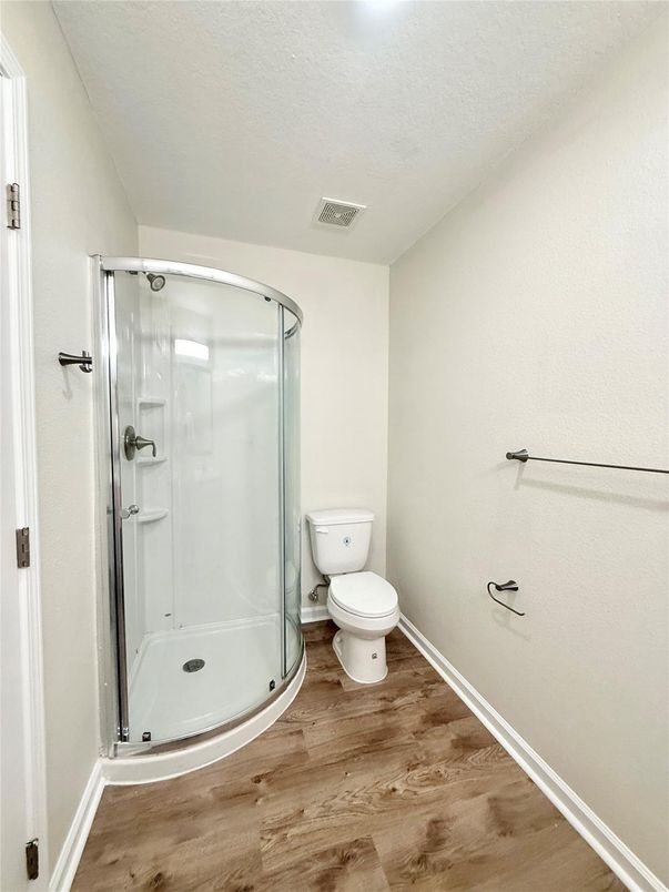 Bathroom, Glass Shower, Interior, Wood Texture Flooring