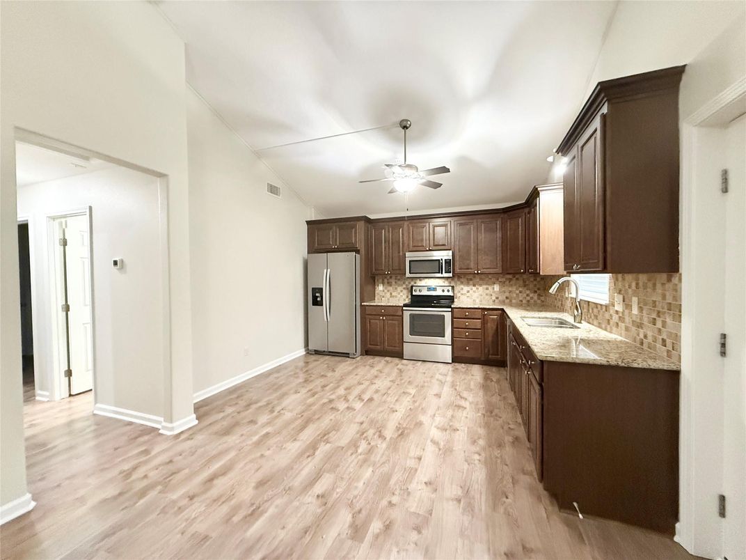 Interior, Kitchen, Stainless Steel Appliances, Wood Texture Flooring