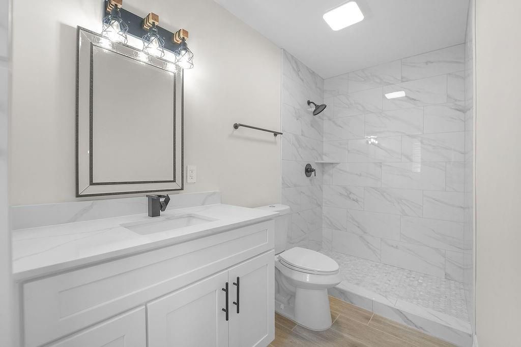 Bathroom, Interior, Marble, Marble Walls, Recessed Lighting, Wood Texture Flooring