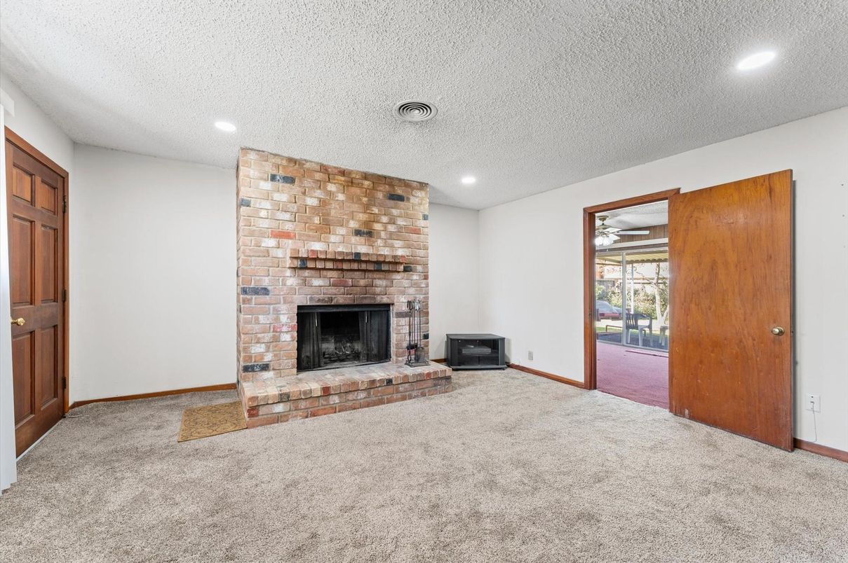 Empty room, Fireplace, Interior, Recessed Lighting, Stone Walls