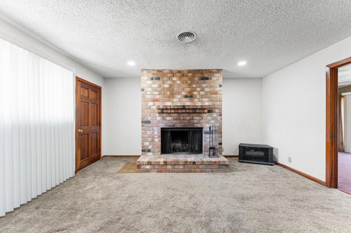 Empty room, Fireplace, Interior, Recessed Lighting, Stone Walls