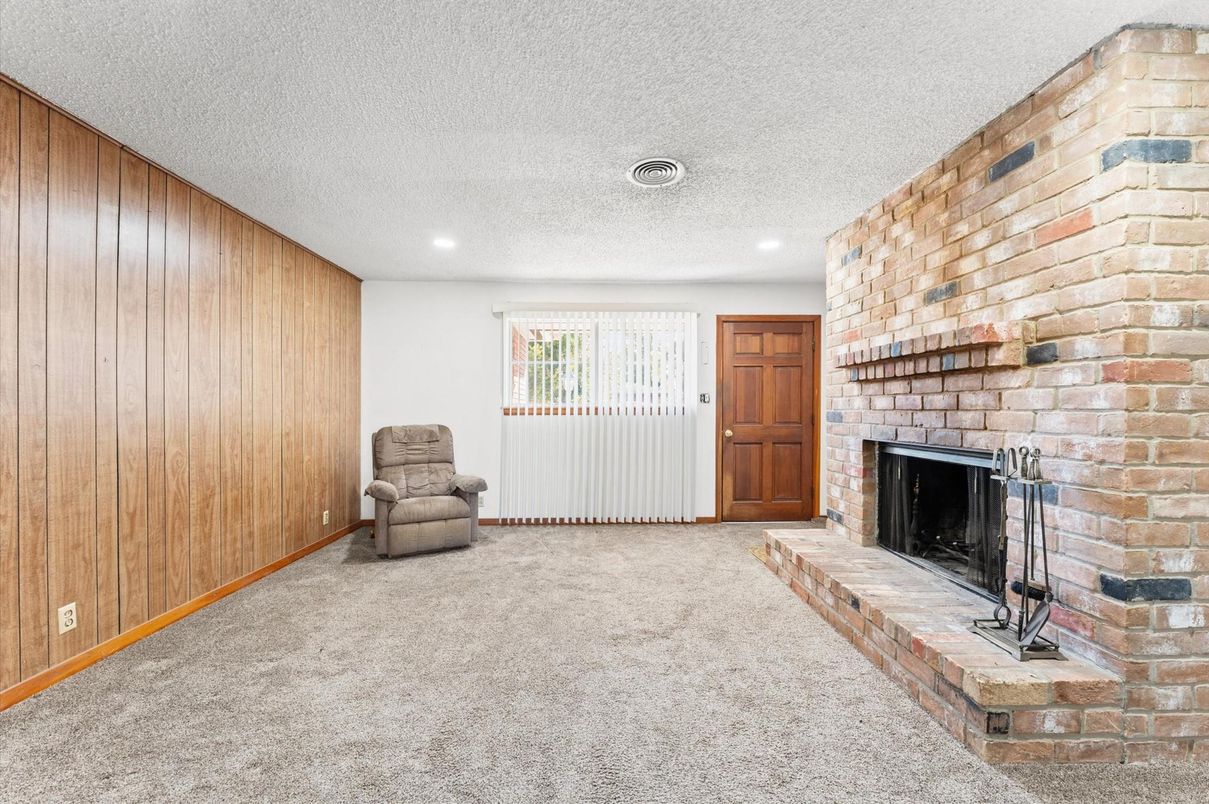 Empty room, Fireplace, Interior, Recessed Lighting, Stone Walls, Wooden Walls