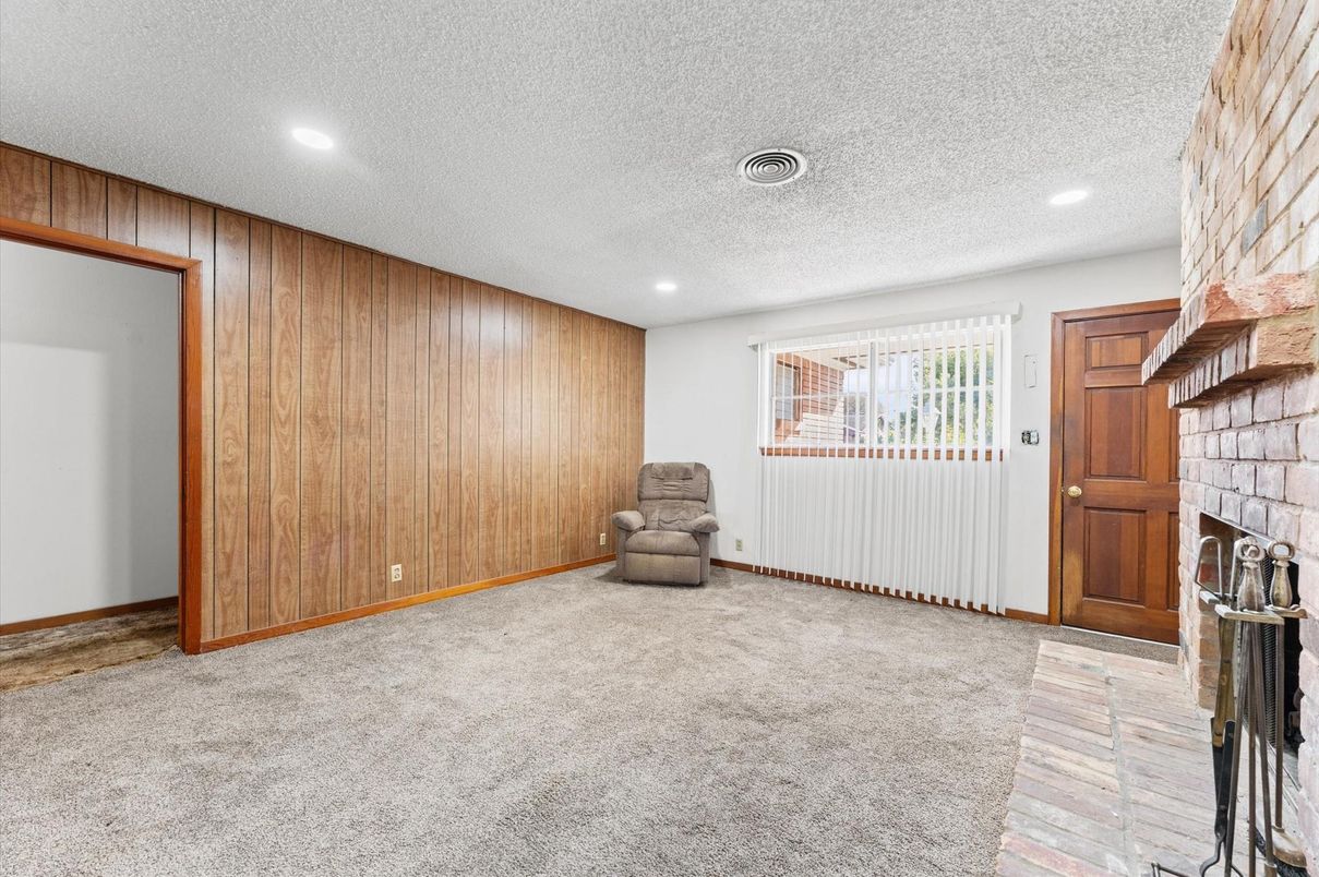 Empty room, Fireplace, Interior, Recessed Lighting, Wooden Walls