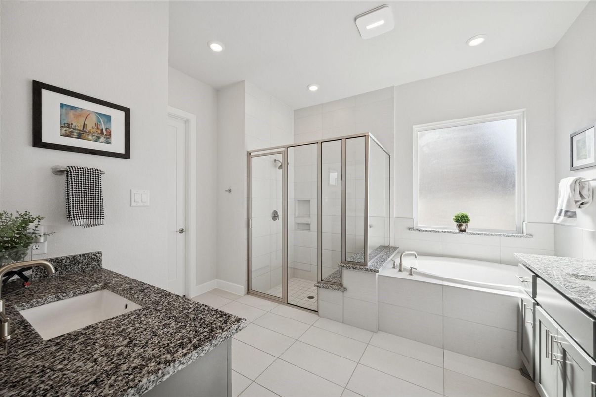 Bathroom, Dual Sink Vanities, Glass Shower, Interior, Recessed Lighting