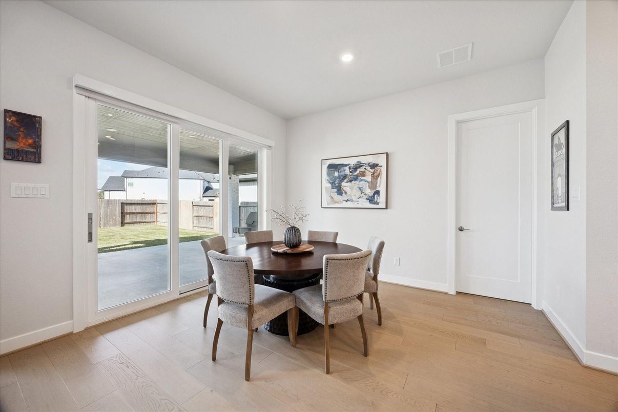 Dining room, Interior, Recessed Lighting, Wood Texture Flooring