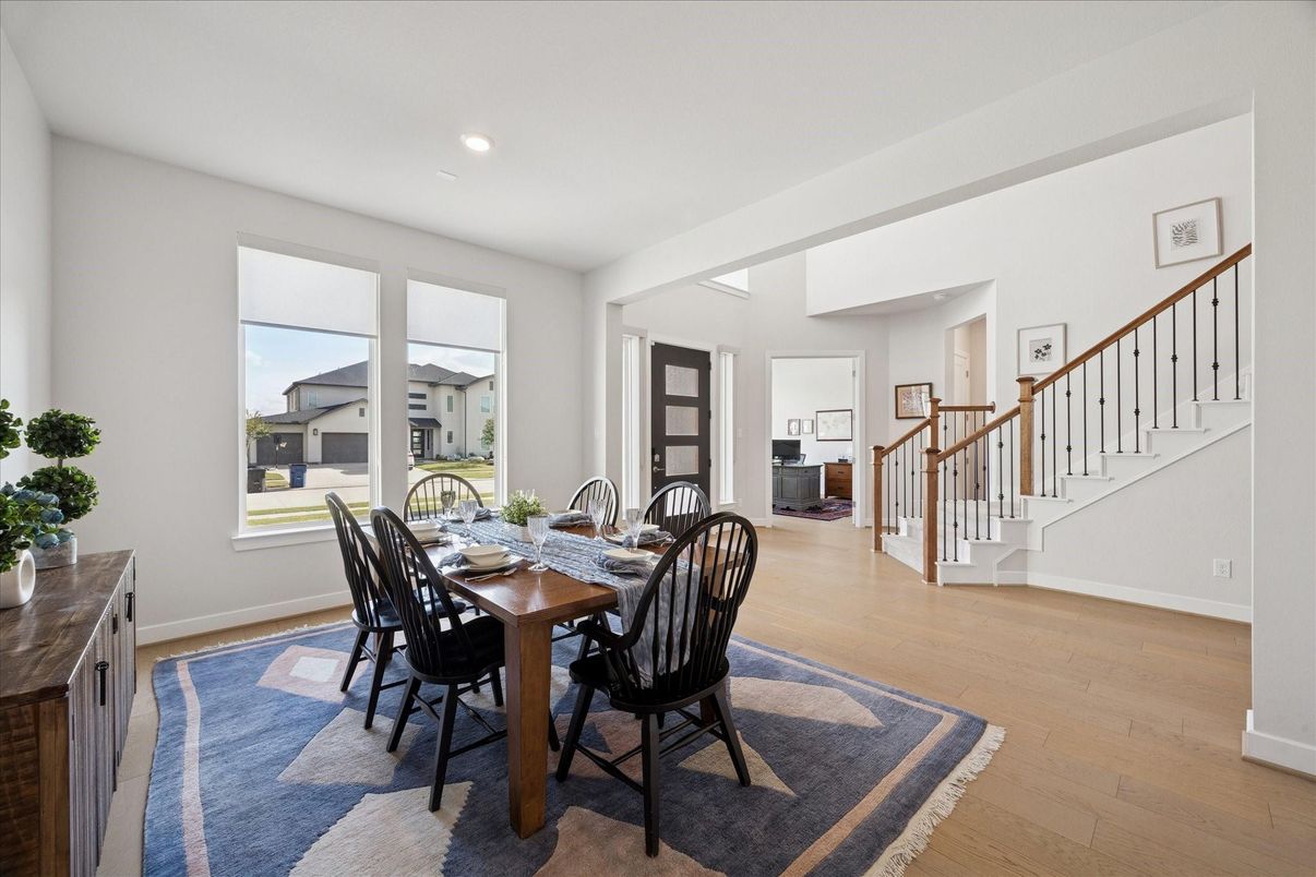 Dining room, Interior, Recessed Lighting, Wood Texture Flooring