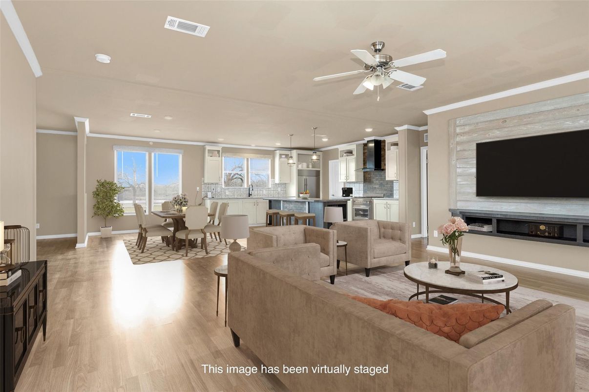 Dining room, Interior, Kitchen, Living room, Pendant Lights, Recessed Lighting, Stainless Steel Appliances, Wood Texture Flooring