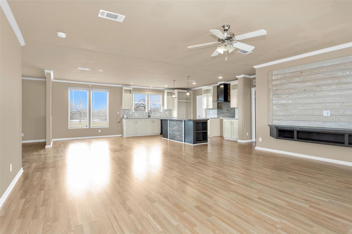 Empty room, Interior, Kitchen, Pendant Lights, Recessed Lighting, Wood Texture Flooring
