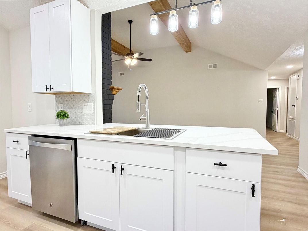 Interior, Kitchen, Recessed Lighting, Wooden Beams, Wood Texture Flooring