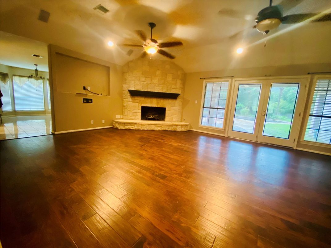 Empty room, Fireplace, Interior, Recessed Lighting, Wood Texture Flooring
