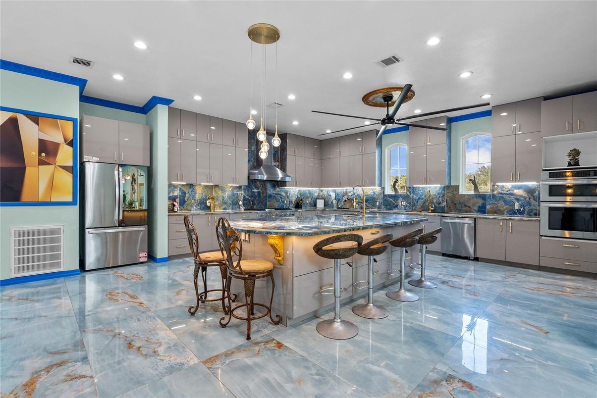 Interior, Kitchen, Marble, Pendant Lights, Recessed Lighting, Stainless Steel Appliances
