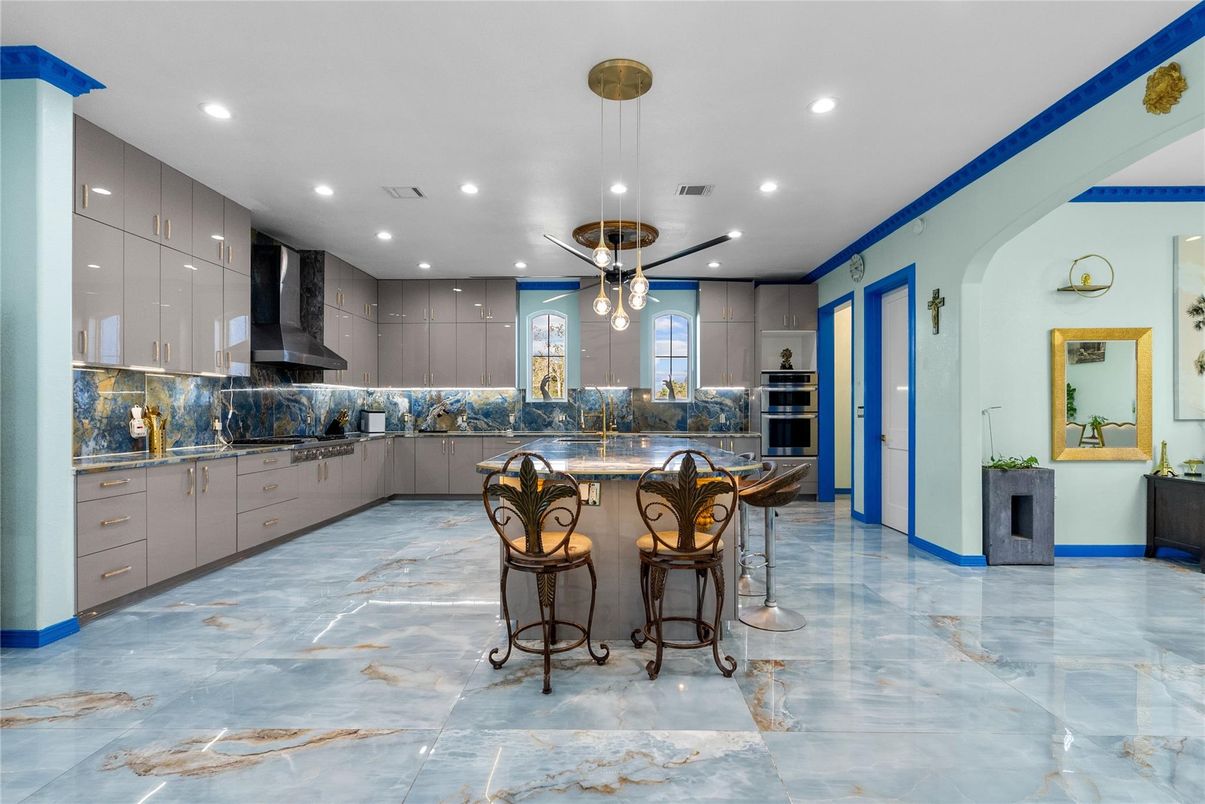 Interior, Kitchen, Marble, Pendant Lights, Recessed Lighting, Stainless Steel Appliances