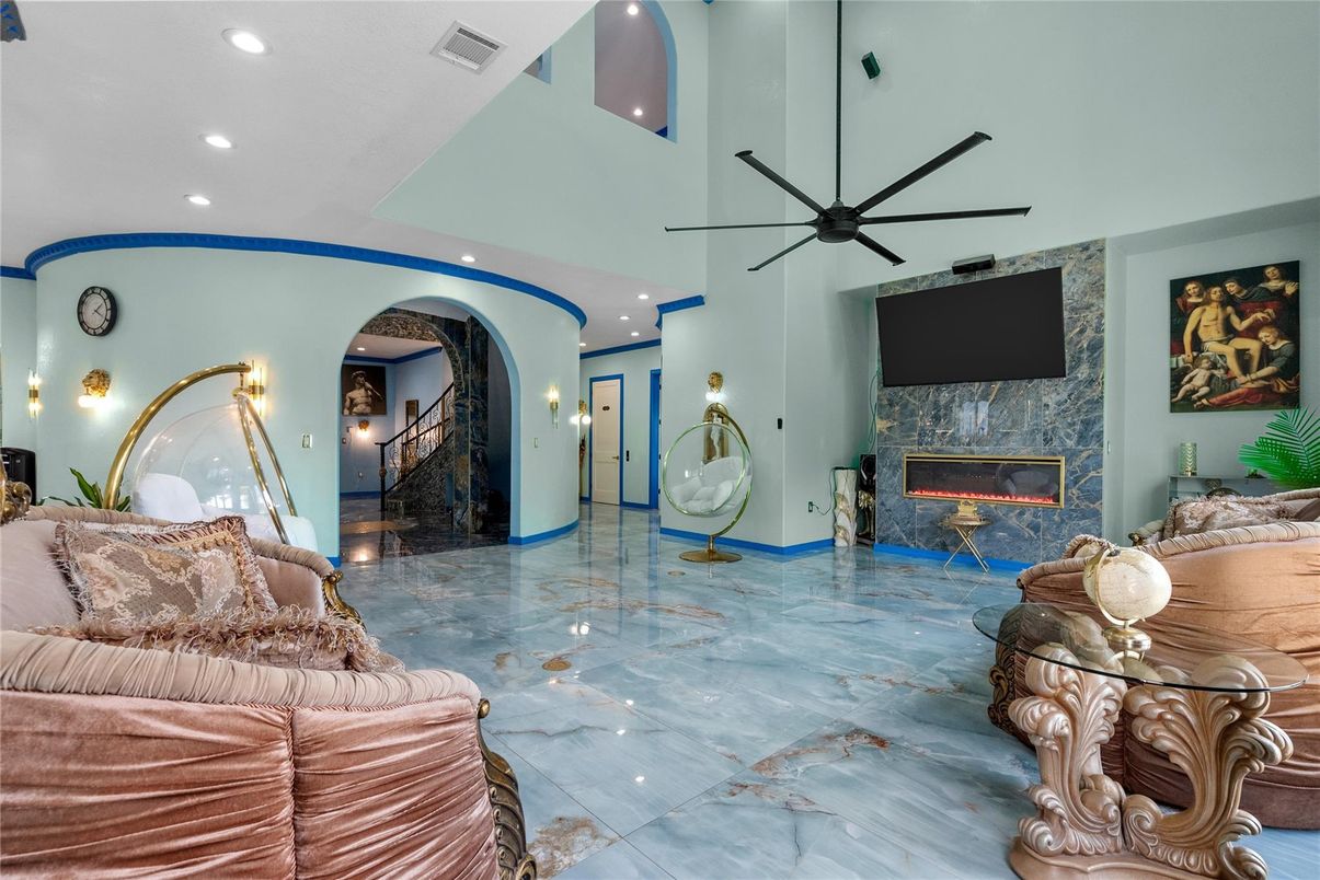 Fireplace, Interior, Marble, Recessed Lighting